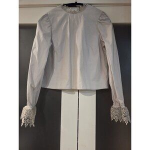 H&M NWT Crochet Lace Cuff Blouse Top M Ivory Puff Sleeve Back Tie Cottagecore